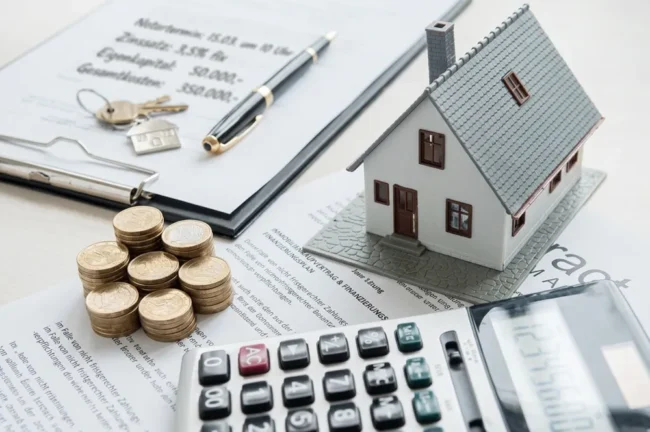 Ein Bild veranschaulicht die Abschuffung des Eigenmietwertes. Hausmodell, Taschenrechner, Geldmünzen und Notizen